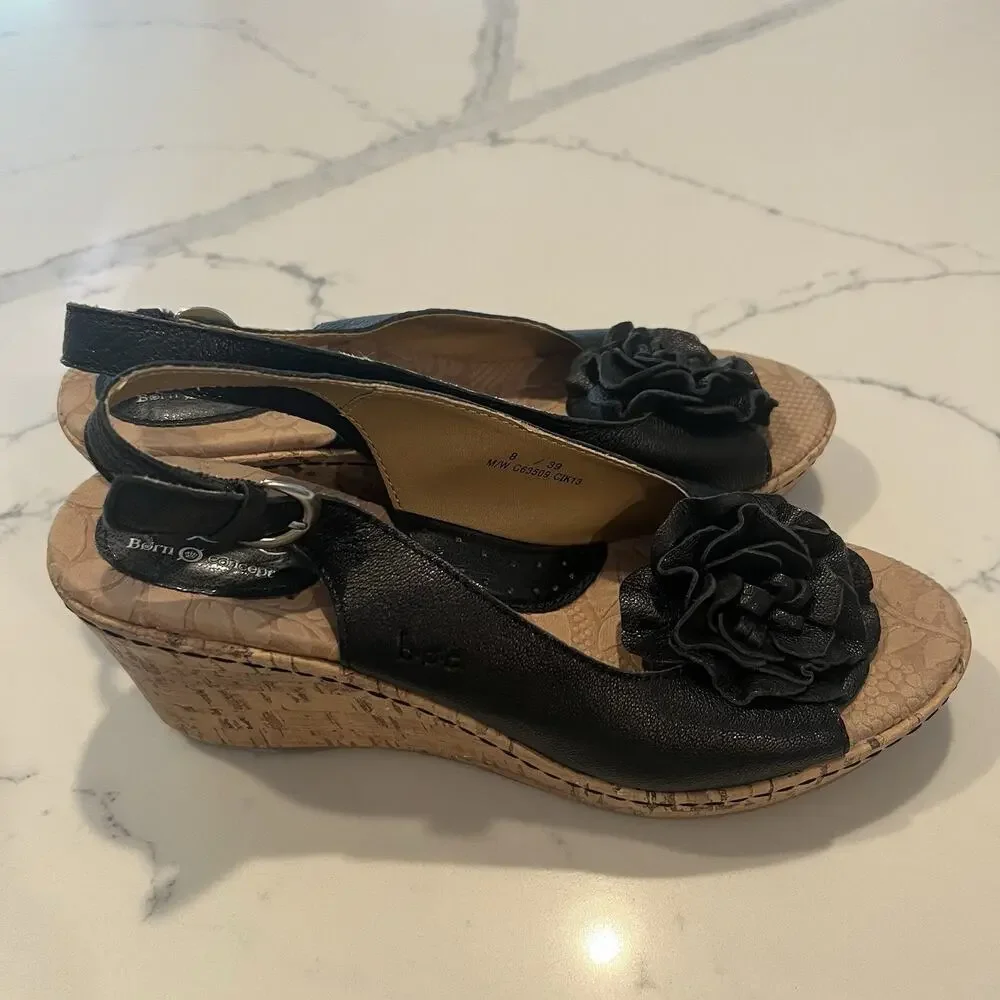 Born BOC Concept Sandals Sz 8 Leather cork Wedge Slingback Rosettes